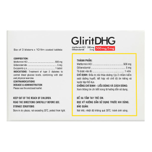 GliritDHG 500mg/5mg điều trị tiểu đường 30 viên